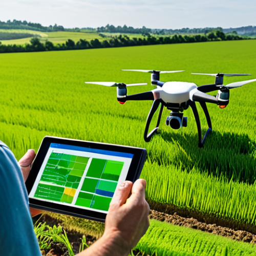 Home 15 **Prompt:** Drone surveying a lush green field with a farmer using a tablet nearby. Data visualizations overlay the field, showcasing precision agriculture and sustainable farming practices. Focus on the blend of modern technology and traditional farming landscapes.