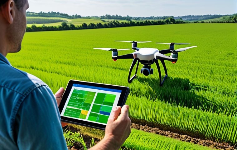 **Prompt:** Drone surveying a lush green field with a farmer using a tablet nearby. Data visualizations overlay the field, showcasing precision agriculture and sustainable farming practices. Focus on the blend of modern technology and traditional farming landscapes.