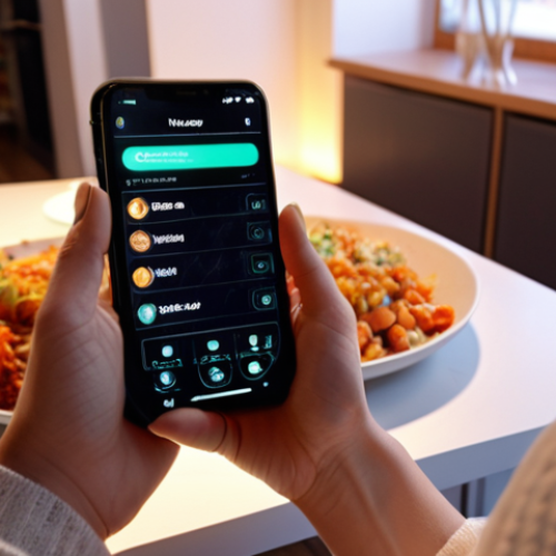 Home 14 A person (gender-neutral, modern appearance) comfortably orders a delicious, personalized vegan meal on a sleek smartphone in a cozy, contemporary living room. Around them, subtle, translucent digital lines and glowing data points subtly weave through the air, illustrating their expanding digital footprint and collected preferences. The scene evokes both convenience and a slight, intriguing sense of omnipresent data collection. Cinematic lighting, soft focus on the person and food, ethereal glow for data elements.