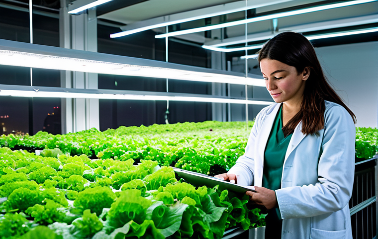 Vertical Farming in Lisbon**

"A brightly lit, modern vertical farm on the outskirts of Lisbon, Portugal. Lush green lettuce and herbs grow in stacked layers under LED lights. Technicians in lab coats are carefully monitoring the plants. In the background, the cityscape of Lisbon is visible. Fully clothed, safe for work, appropriate content, professional photography, perfect anatomy, natural proportions, high quality, modest clothing, family-friendly."

**