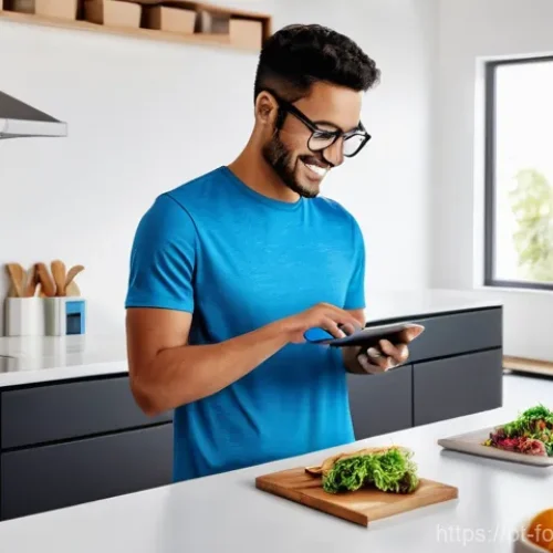 푸드테크와 물류 혁신의 연관성 - **Personalized Nutrition & Futuristic Kitchen:** A clean, brightly lit modern kitchen. In the foregr...