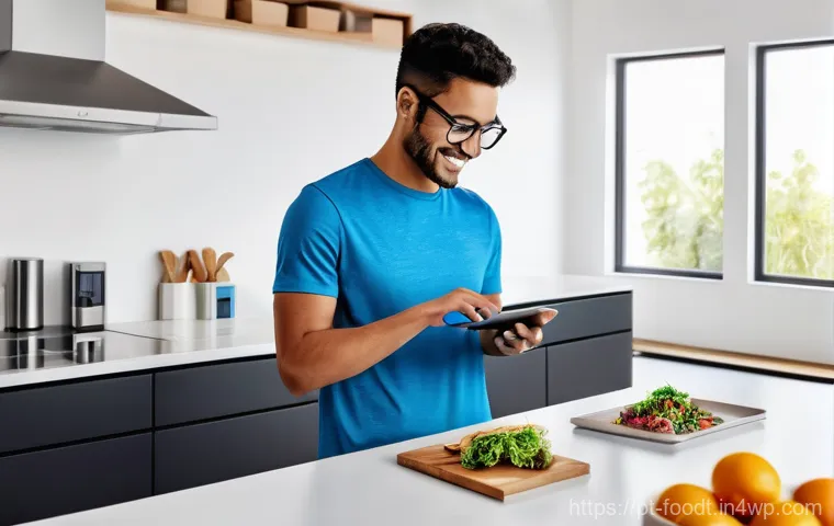 푸드테크와 물류 혁신의 연관성 - **Personalized Nutrition & Futuristic Kitchen:** A clean, brightly lit modern kitchen. In the foregr...