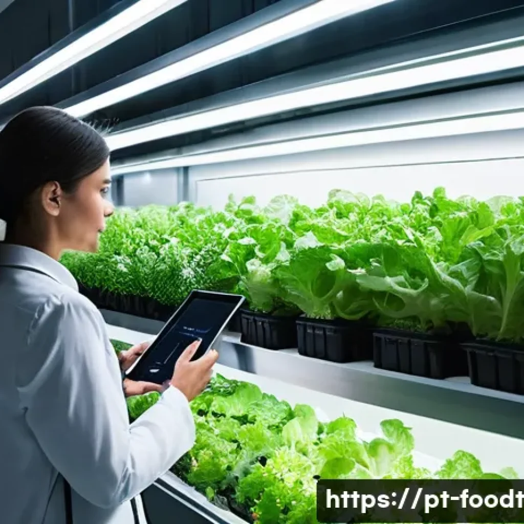 푸드테크와 차세대 식품 기술의 발전 방향 - **Prompt:** A modern, multi-story vertical farm integrated into the urban landscape of Lisbon, Portu...