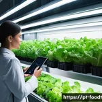 푸드테크와 차세대 식품 기술의 발전 방향 - **Prompt:** A modern, multi-story vertical farm integrated into the urban landscape of Lisbon, Portu...