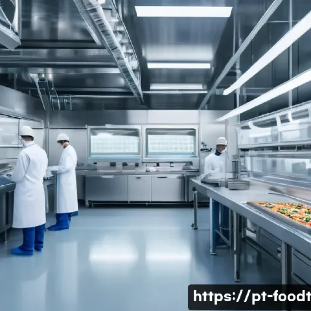푸드테크와 글로벌 식품 안전 기준 - A futuristic food production facility interior showcasing advanced automation and intelligent sensor...