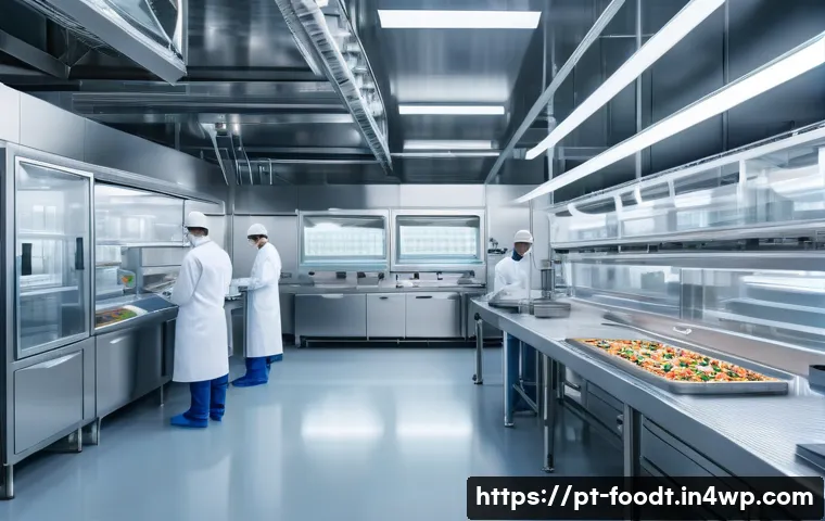 푸드테크와 글로벌 식품 안전 기준 - A futuristic food production facility interior showcasing advanced automation and intelligent sensor...