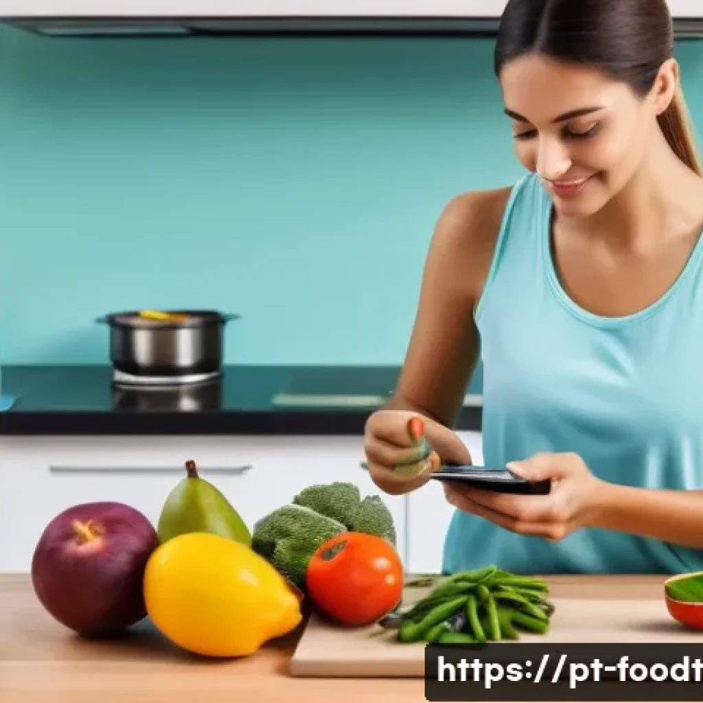 푸드테크와 개인 맞춤형 영양 솔루션 - A modern Brazilian kitchen scene featuring a young adult woman using a sleek fitness smartwatch and ...