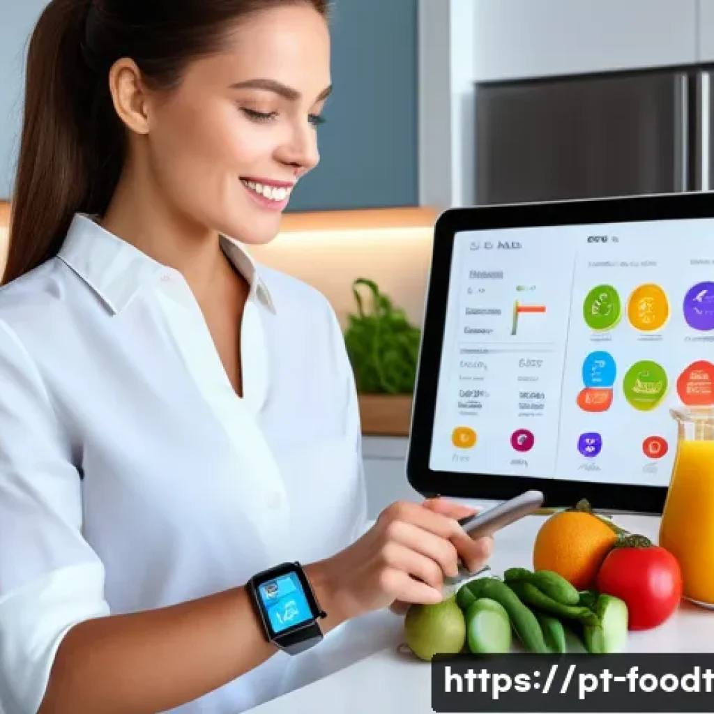 푸드테크와 영양학의 접목 사례 - A modern kitchen scene featuring a young adult woman wearing smart casual clothing and a smartwatch,...