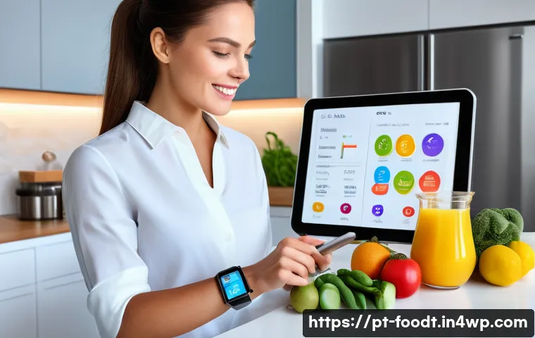 푸드테크와 영양학의 접목 사례 - A modern kitchen scene featuring a young adult woman wearing smart casual clothing and a smartwatch,...
