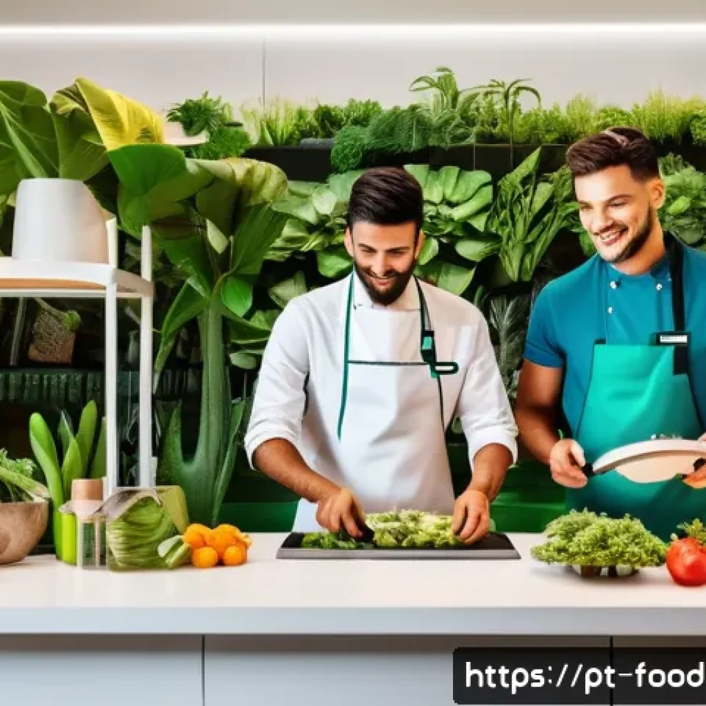 푸드테크 플랫폼 비교 스타트업 vs 대기업 - A vibrant, modern foodtech startup kitchen scene in Brazil, featuring young diverse chefs wearing ca...