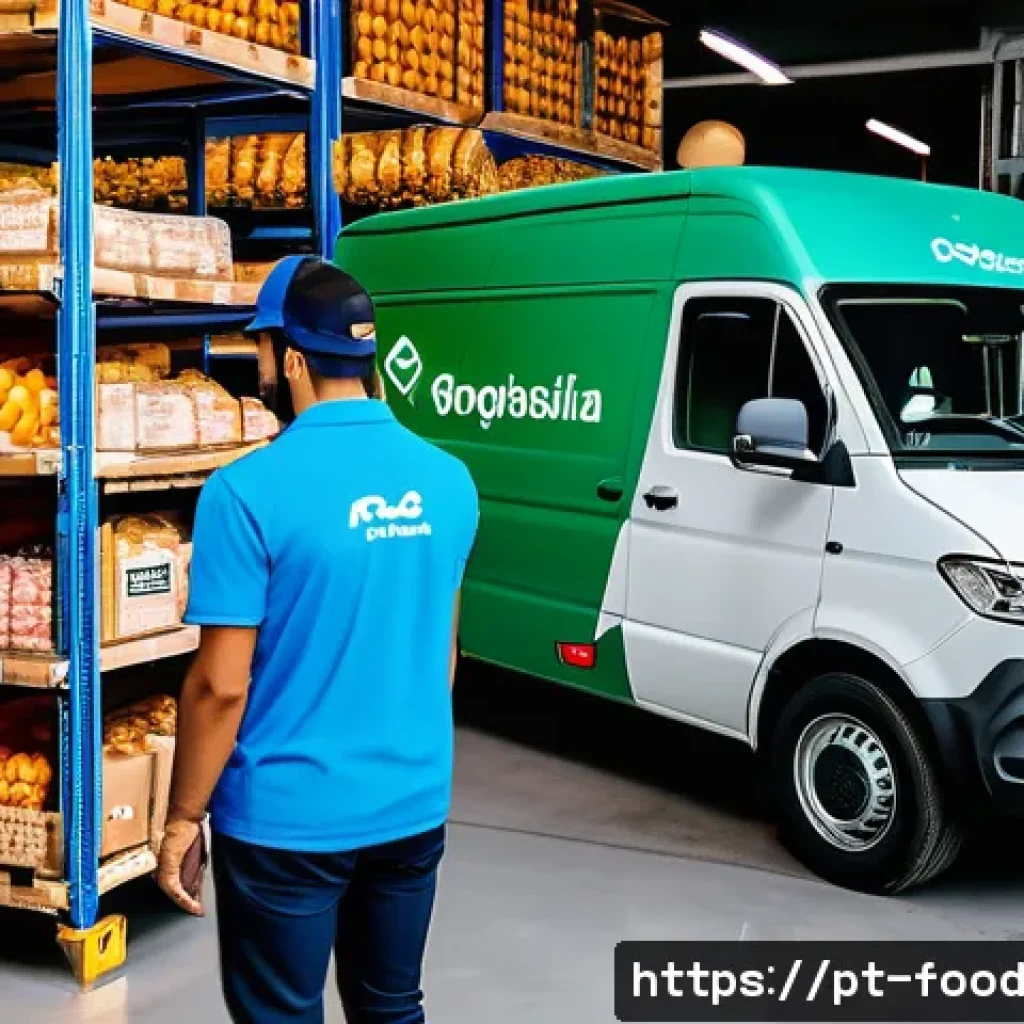 푸드테크의 혁신적 유통 모델 - A vibrant Brazilian food delivery warehouse scene showcasing advanced real-time tracking technology:...
