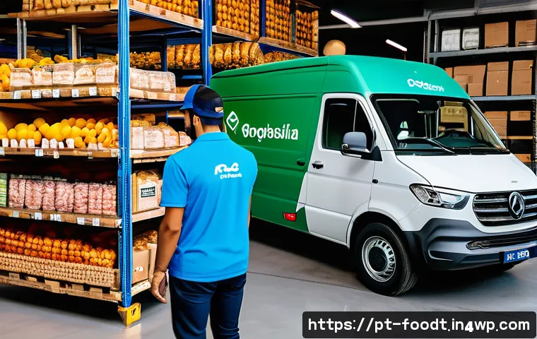 푸드테크의 혁신적 유통 모델 - A vibrant Brazilian food delivery warehouse scene showcasing advanced real-time tracking technology:...