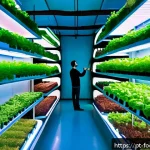 Home 21 푸드테크와 지역 사회의 상생 방안 - A futuristic urban vertical farm interior in São Paulo, Brazil, showcasing multi-level hydroponic cu...