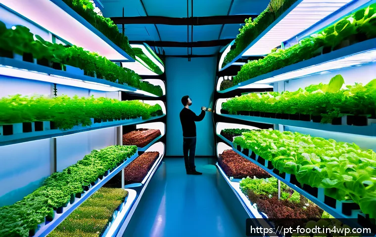 푸드테크와 지역 사회의 상생 방안 - A futuristic urban vertical farm interior in São Paulo, Brazil, showcasing multi-level hydroponic cu...