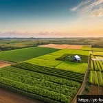 Home 20 푸드테크 산업의 투자 기회 분석 - A modern, high-tech farm landscape in Brazil during golden hour, featuring IoT sensors and drones mo...