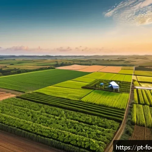Home 32 푸드테크 산업의 투자 기회 분석 - A modern, high-tech farm landscape in Brazil during golden hour, featuring IoT sensors and drones mo...