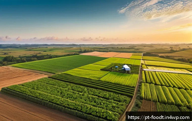 푸드테크 산업의 투자 기회 분석 - A modern, high-tech farm landscape in Brazil during golden hour, featuring IoT sensors and drones mo...