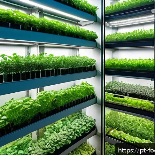 Home 30 푸드테크 혁신을 위한 글로벌 사례 연구 - A futuristic vertical farm inside a modern São Paulo urban building, featuring multi-level green tow...