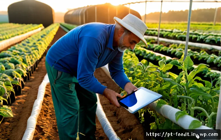 푸드테크와 농식품 디지털화의 필요성 - Photorealistic modern Portuguese greenhouse farm at sunrise, an older Portuguese farmer in clean wor...