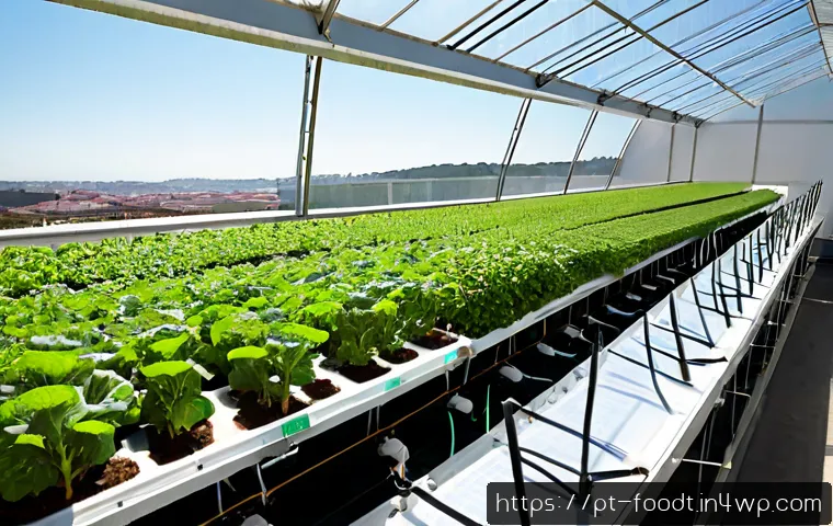 푸드테크와 기후 변화 대응 전략 - Photorealistic modern food technology greenhouse in Portugal, a diverse team harvesting leafy greens...